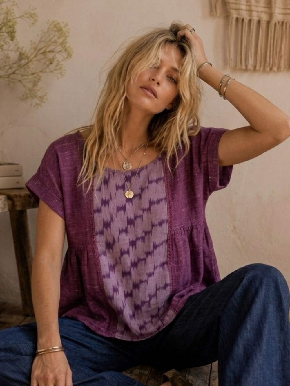 American Eagle Boho Chic Rayon Abstract Cap Sleeve Scoop Neck Peasant Top SP